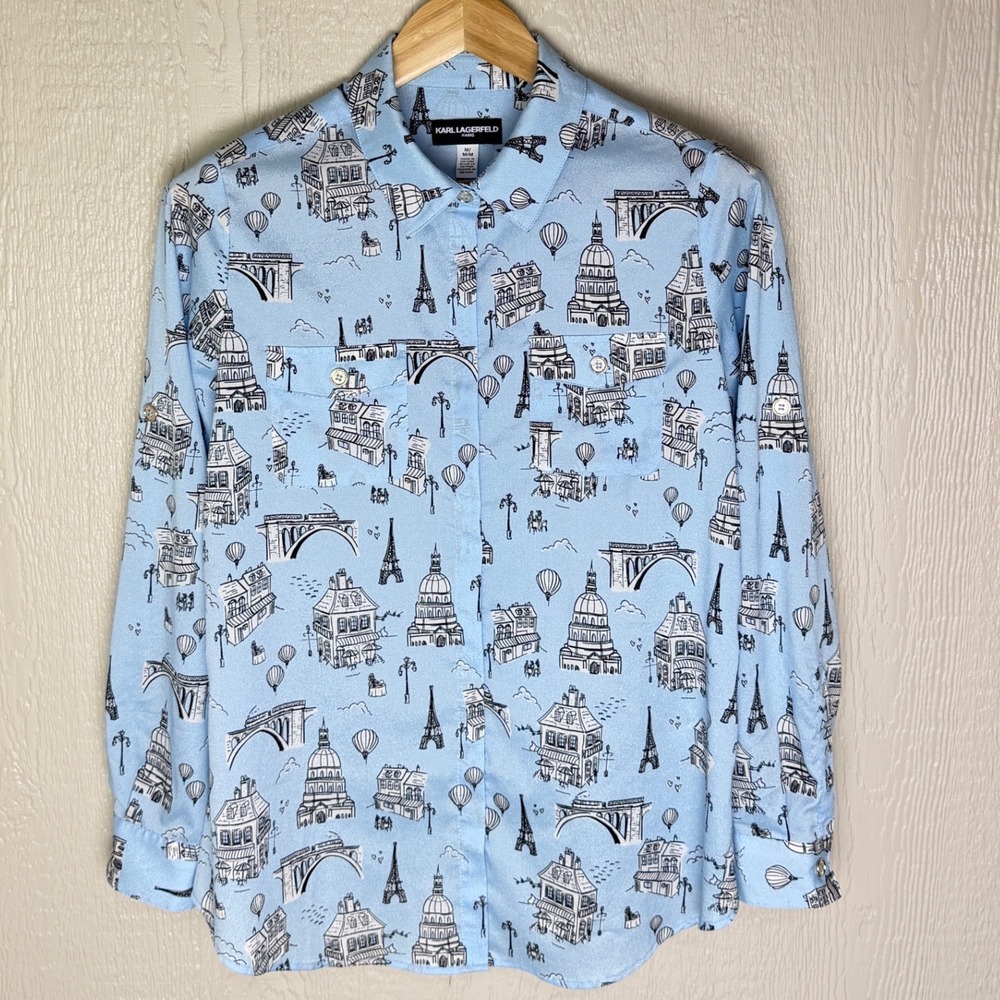 Karl Lagerfeld Paris Blue Parisian Toile Eiffel Tower Print Button Down Shirt M